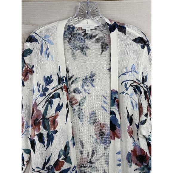 J Jill Cardigan Womens XLP Linen Blend White Floral Boho Tunic Open Knit Relaxed - Picture 2 of 12